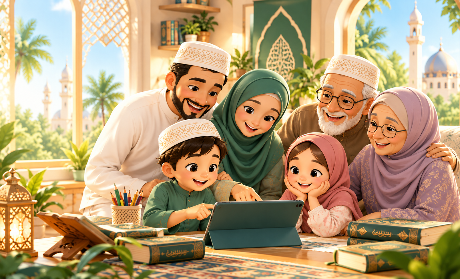 Illustrated grandparents, parents and children smiling as they explore Qur’an learning together around a tablet in a sunlit home